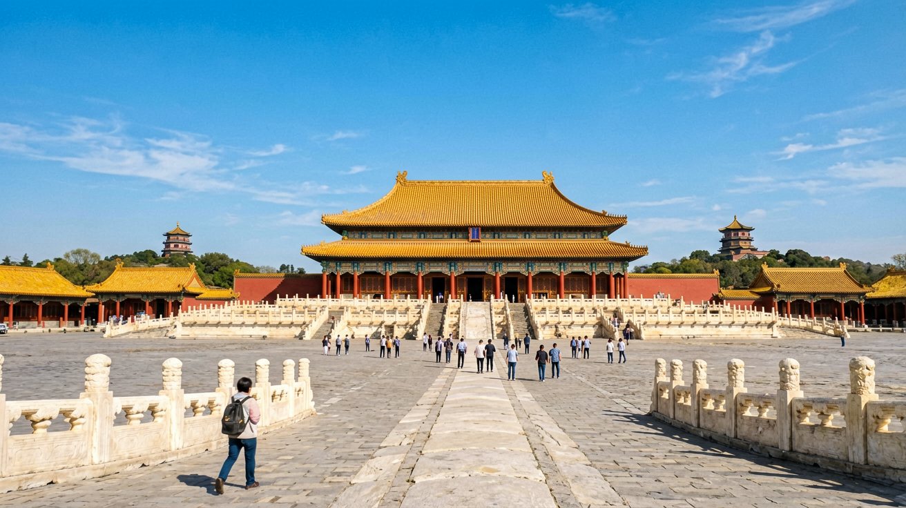 [比例:16:9] 北京故宫太和殿前广场全景，汉白玉台阶和金色琉璃瓦在晴空下熠熠生辉，游客零星散布在广阔的广场上，远处景山万春亭可见