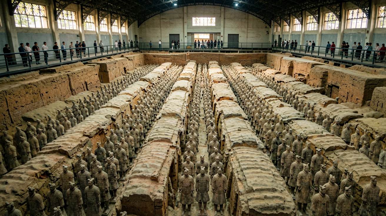 [比例:16:9] 秦始皇兵马俑一号坑全景，数千个真人大小的陶俑排列成整齐的军阵，坑道之间有土隔墙，游客从上方平台俯瞰这壮观的考古遗址