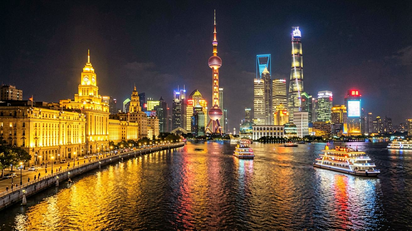 [比例:16:9] 上海外滩黄浦江畔夜景，万国建筑群暖黄灯光映照江面，对岸陆家嘴摩天大楼群包括东方明珠塔和上海中心大厦灯光璀璨，江上游船缓缓驶过