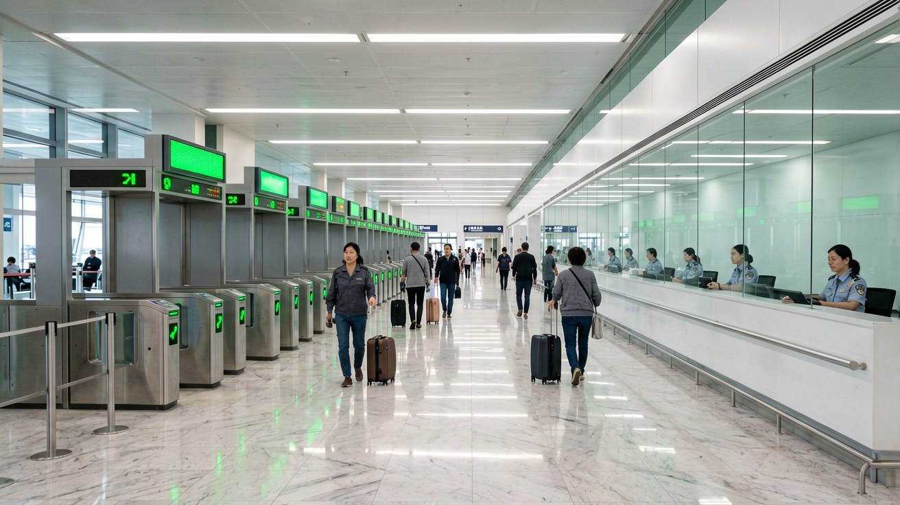 [比例:16:9] Immigration inspection hall at a major Chinese international airport, showing rows of automated gates with fingerprint scanners, uniformed border officers seated in manual counters, and bilingual English-Chinese signage directing arriving passengers to foreign-passport lanes