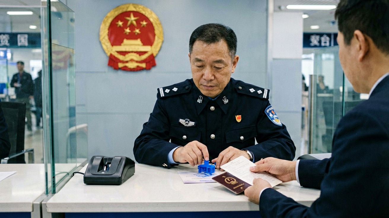 [比例:16:9] A Chinese border officer at an immigration counter stamping an arriving passenger's passport, with the blue-uniformed officer seated behind a glass partition, a fingerprint scanner on the countertop, and a red-and-gold Chinese national emblem visible on the wall