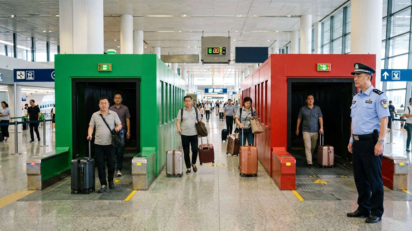 [比例:16:9] Customs inspection area at a Chinese international airport, showing the green 'Nothing to Declare' lane and the red 'Goods to Declare' lane side by side, with bilingual English-Chinese signage above each lane and baggage X-ray machines visible in the background