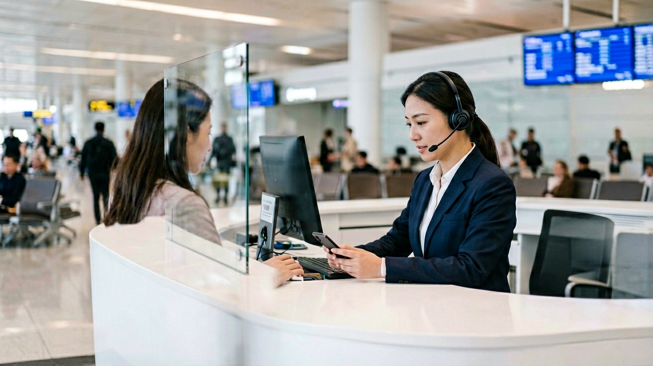 [比例:16:9] A mobile carrier service counter inside a Chinese airport arrivals hall, showing the China Mobile, China Unicom, and China Telecom branding, with sample SIM card packages displayed on the counter and an arriving international passenger talking to a uniformed staff member