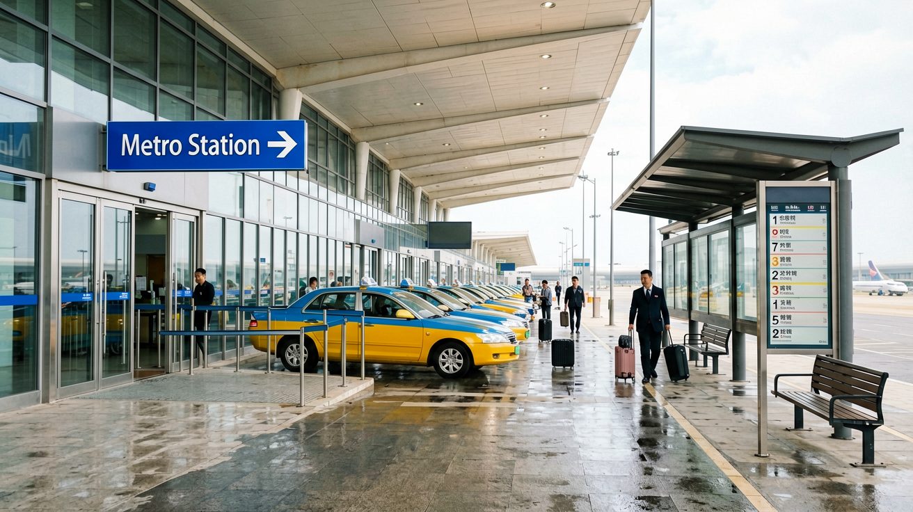 [比例:16:9] Transportation options outside a Chinese international airport arrivals terminal, showing clearly marked signs for the metro station entrance, the official taxi queue with yellow-and-blue taxis lined up, and an airport bus stop with a schedule sign, all under a covered walkway