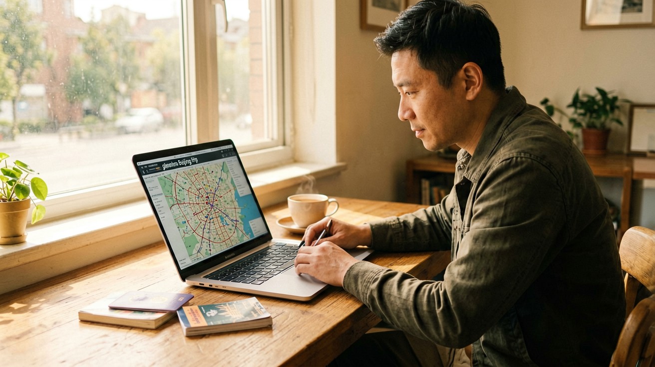 [比例:16:9] A traveler sitting at a wooden desk with a laptop displaying a Beijing city map, surrounded by a physical guidebook, a passport, and a cup of tea, natural daylight from a nearby window