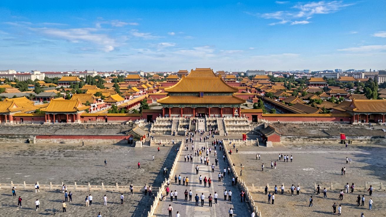 [比例:16:9] Wide panoramic view of the Forbidden City complex under a clear blue sky, showing the expansive golden-roofed palace halls, stone courtyards, and visitors walking along the central axis from the Meridian Gate toward the north