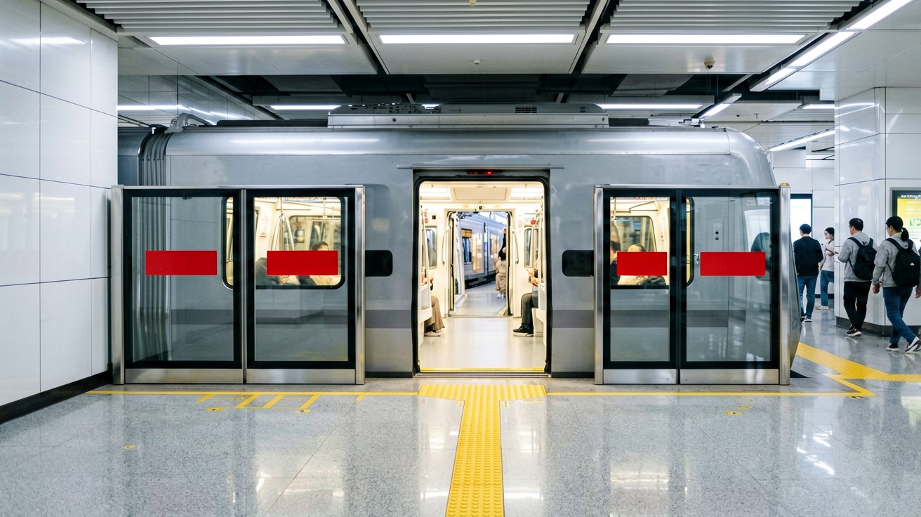 [比例:16:9] Interior of a modern Beijing subway station with a sleek silver and white train arriving at the platform, bilingual Chinese-English signage clearly visible on the wall and overhead displays, passengers boarding through sliding doors