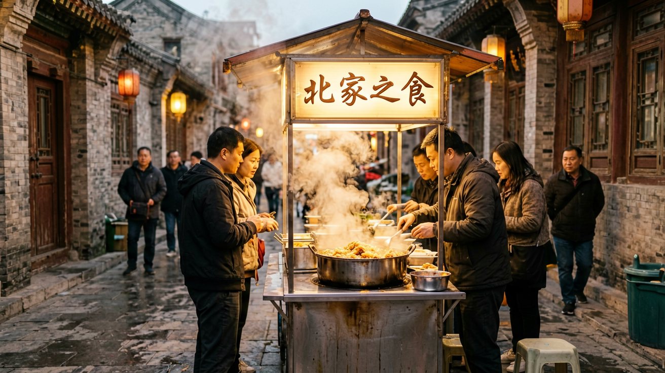 [比例:16:9] Evening scene in a lively Beijing hutong alley with red lanterns hanging overhead, vendors preparing grilled skewers and steaming dumplings at small open-front food stalls, local diners seated at low wooden tables and stools eating and chatting