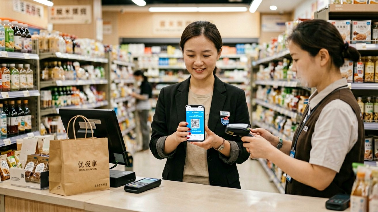 [比例:16:9] A traveler at a modern Beijing store counter holding a smartphone with the Alipay payment QR code displayed on the screen, the store owner scanning it with a handheld device, shopping bags and Chinese products visible in the background