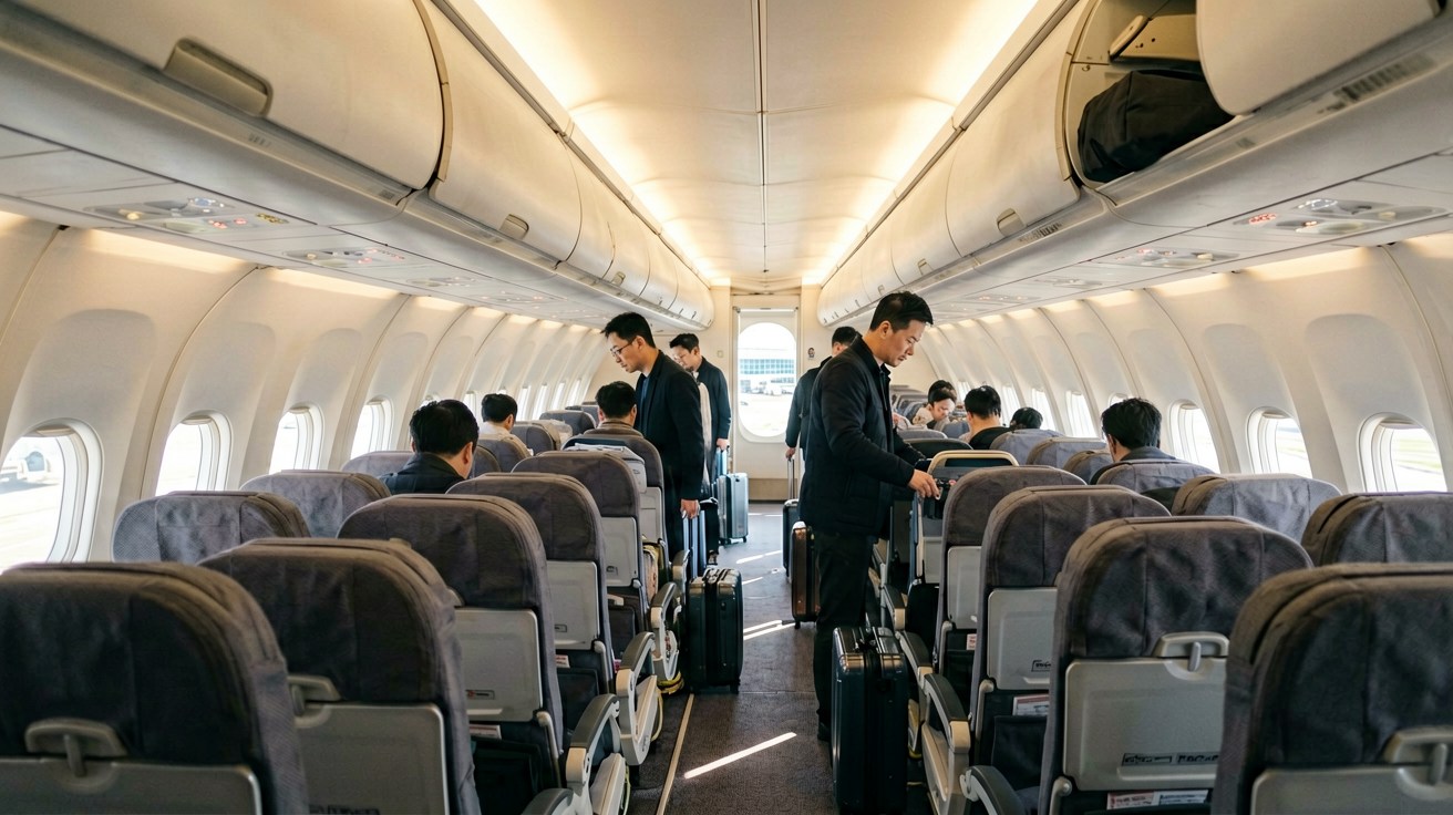 [比例:16:9] 国际航班客舱内部，飞机刚着陆，乘客从行李架取出行李，舷窗外可见机场停机坪和航站楼建筑，机舱灯光已调亮