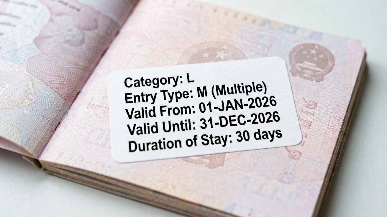 A Chinese L-Visa sticker affixed inside a passport, clearly showing the visa category 'L', entry type (single/double/multiple), validity dates, and duration of stay fields — giving readers a concrete reference for what the final visa looks like