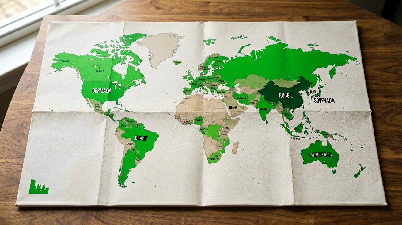 A world map with China's 50 visa-free countries highlighted in color, grouped by region — Europe (35 countries), Oceania (2), Asia (7), and the Americas (6) — giving readers an at-a-glance check of their eligibility