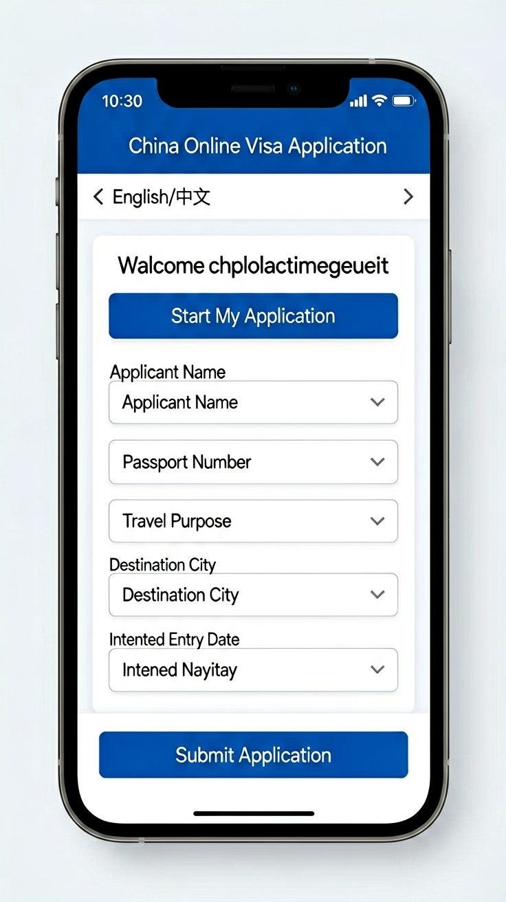 A screenshot of the COVA online visa application homepage (consular.mfa.gov.cn/VISA/), with the 'Start My Application' button prominently visible and language selection options at the top — showing readers exactly where to begin