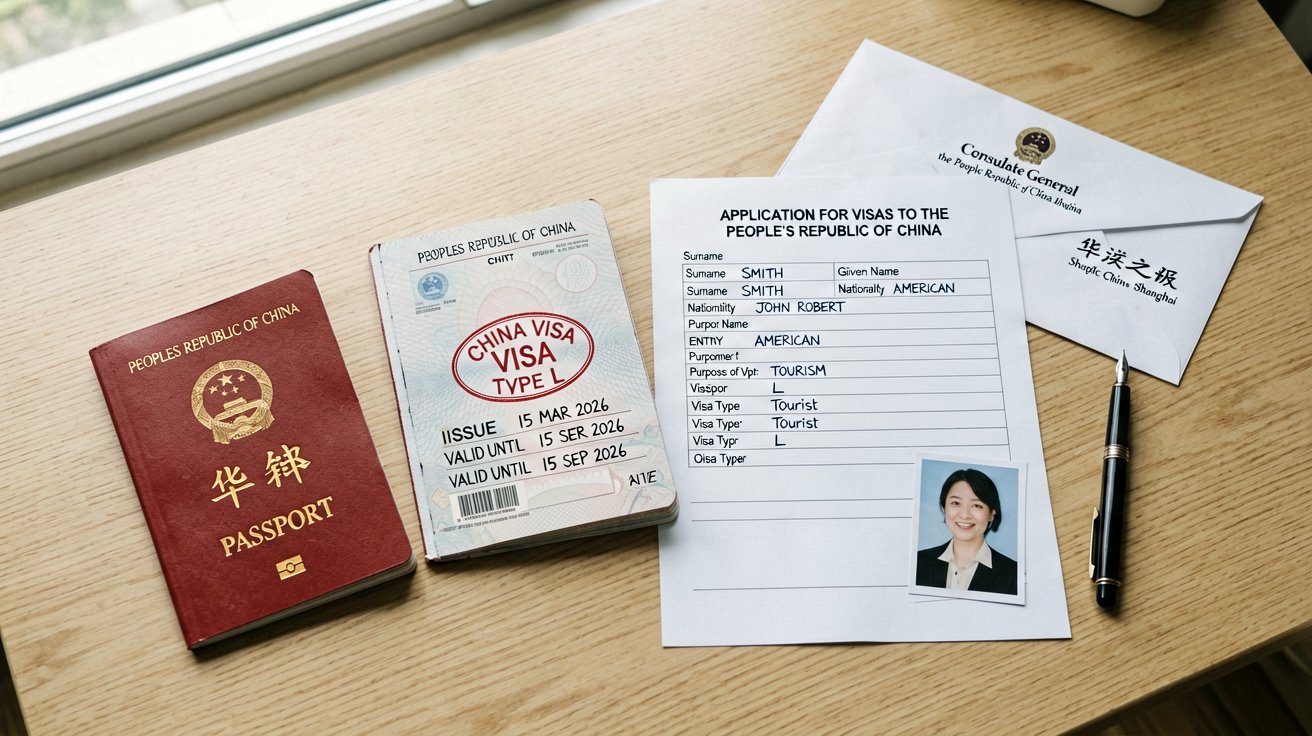 A clean flat-lay photo of the essential documents for a China L-Visa application laid out on a desk: a valid passport, the printed COVA application form with visible barcode, two passport-sized photos on a white background, and a proof-of-residence document — helping readers visually verify what they need to bring