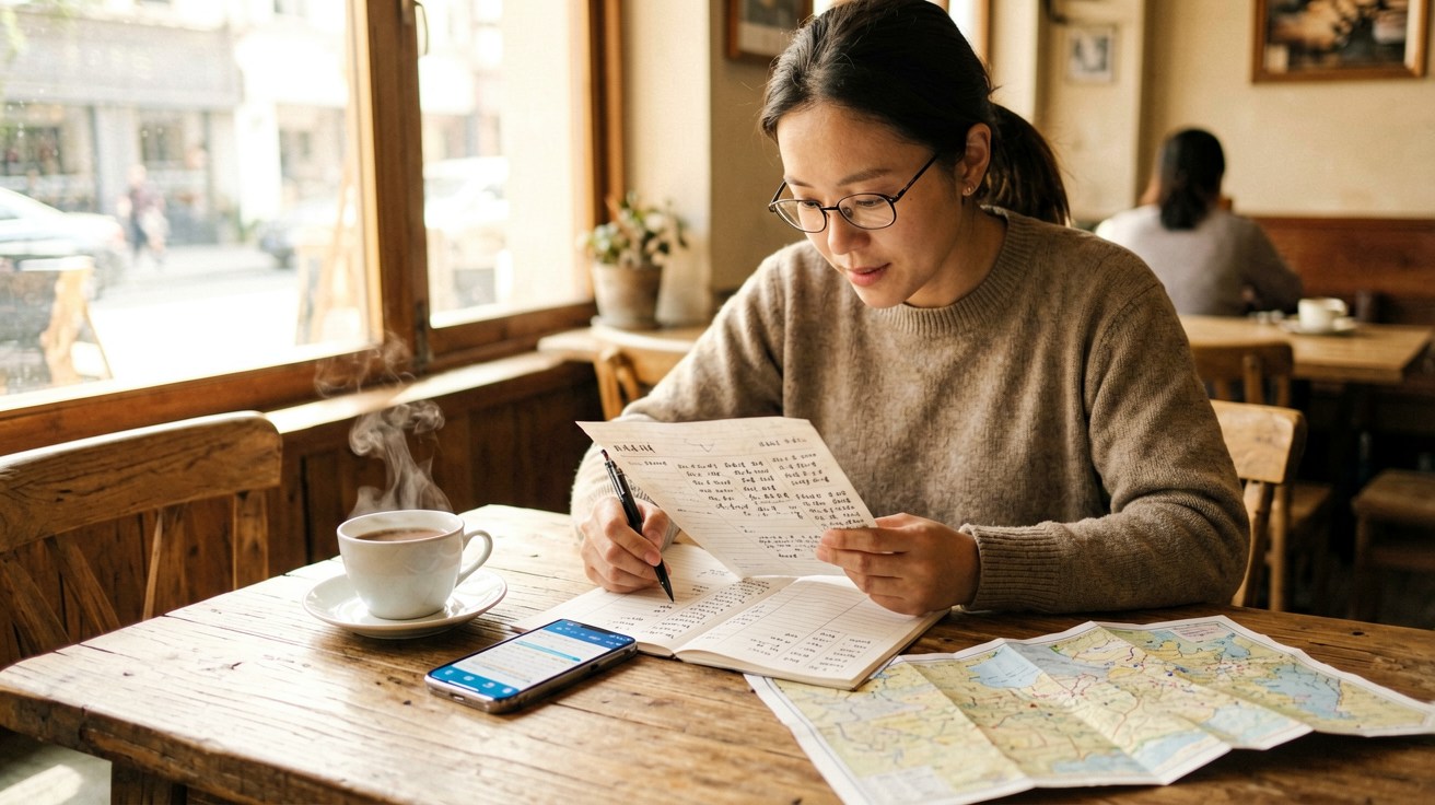 Traveler seated at a cafe table reviewing a handwritten travel budget on paper alongside a smartphone displaying currency converter, cup of tea and unfolded map visible, bright natural lighting — illustrating the planning phase of budgeting a China trip.