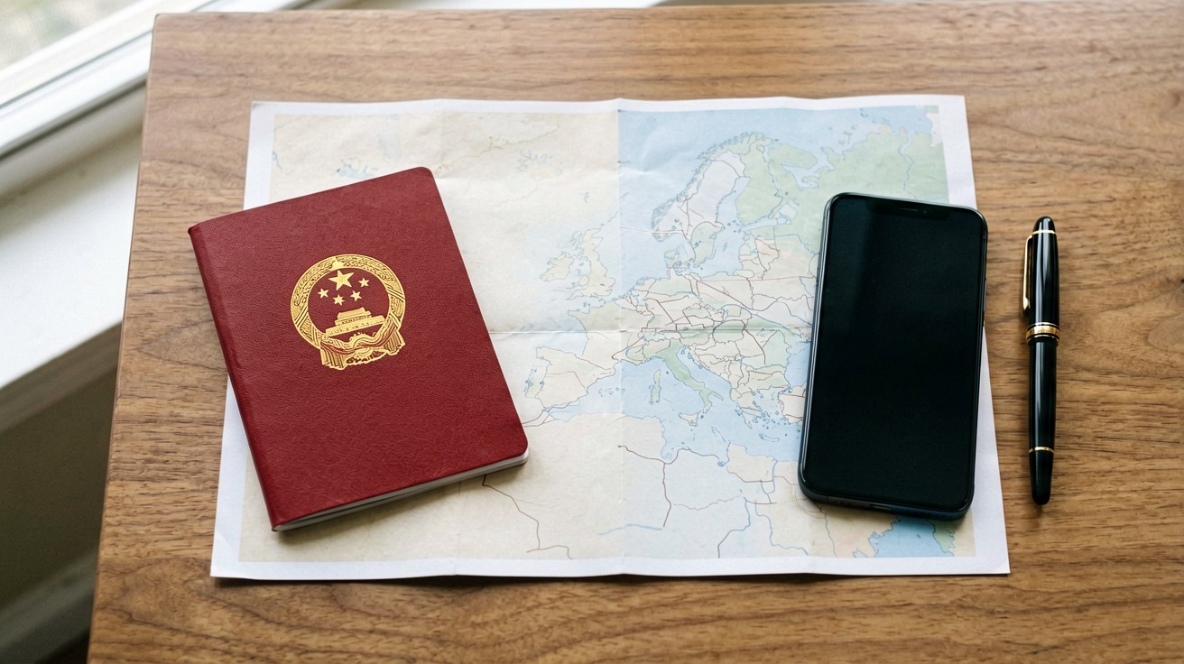 Top-down flat lay on an unfolded China map, a red Chinese passport closed showing the gold national emblem on the cover next to a partially opened passport displaying a visa sticker page, a smartphone and a fountain pen beside them, soft natural lighting — illustrating pre-trip paperwork and visa preparation.