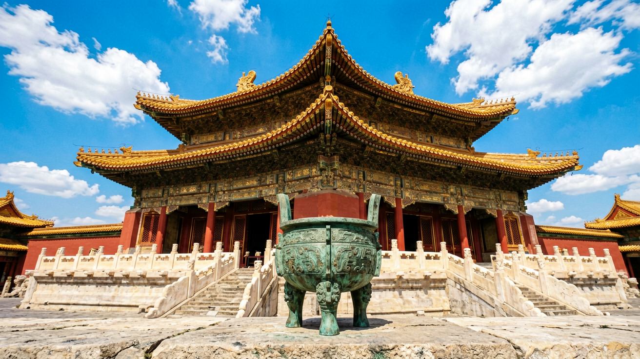 Low-angle upward view of the Hall of Supreme Harmony's intricate golden roof eaves in the Forbidden City, dougong wooden brackets and ceramic ridge decorations against a brilliant blue sky, red palace walls visible below — capturing the grandeur of imperial Chinese architecture representing China's major paid attractions.