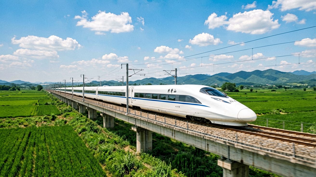 A sleek white Chinese high-speed train speeding past green countryside on an elevated rail track, modern aerodynamic train design visible, blue sky with scattered clouds — showing the primary mode of intercity travel and one of the best-value transport options.