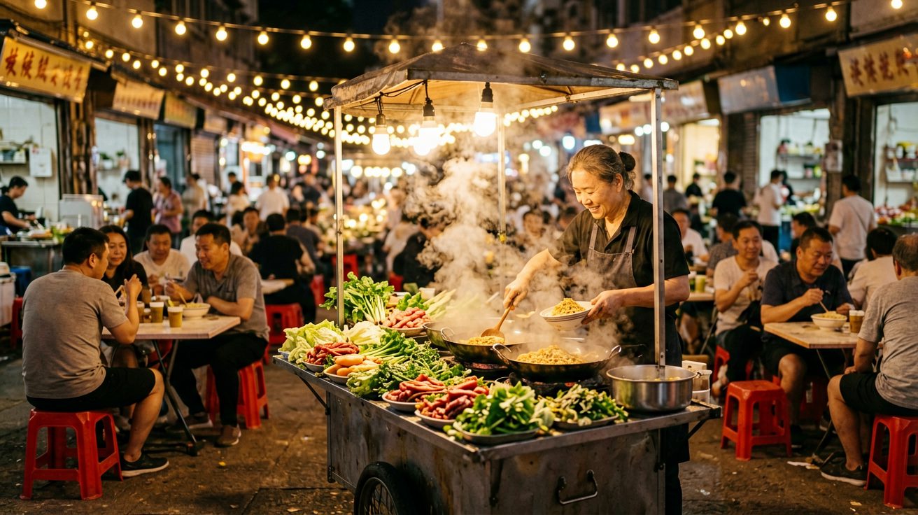 Street food vendor at a bustling Chinese night market serving steaming bowls of noodles from a cart, colorful ingredients on display, customers seated on small plastic stools under warm string lights — capturing the affordable and authentic eating experience.