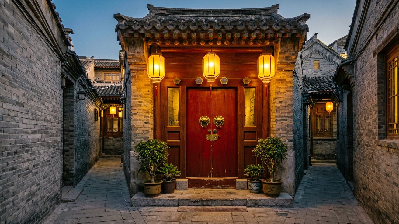 Exterior of a traditional courtyard hotel (siheyuan) in a Beijing hutong alley at dusk, warm lantern light, red wooden doors with brass handles, a few potted plants by the entrance — showcasing mid-range boutique accommodation.