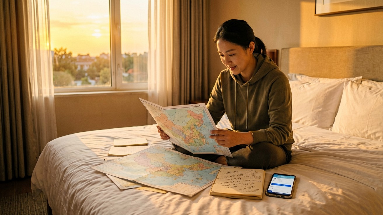 Traveler sitting on a hotel room bed surrounded by a map of China, a notebook with budget calculations, and a smartphone showing a banking app, warm evening light through the window — depicting the end-of-day budget tracking and trip adjustment moment.