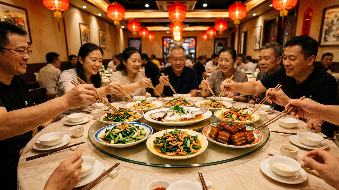 [比例:16:9] Round table in a busy Chinese restaurant with a large lazy Susan in the middle holding six colorful shared dishes including steamed fish, stir-fried vegetables, and braised pork, multiple pairs of chopsticks reaching in from different directions, warm ambient lighting and red lanterns in the background