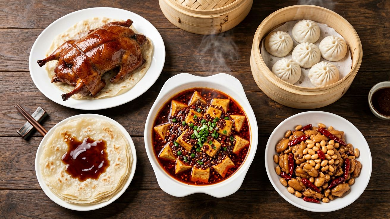 [比例:16:9] Overhead flat-lay shot of a variety of iconic Chinese dishes arranged on a dark wooden table: Peking duck with thin pancakes and hoisin sauce, steaming xiaolongbao in a bamboo basket, a bowl of Sichuan mapo tofu with red chili oil, and kung pao chicken with peanuts and dried chilies