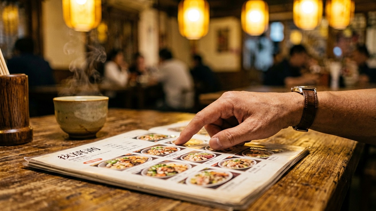 [比例:16:9] Close-up of a foreign traveler's naturally formed hand with index finger pointing at a Chinese menu on a wooden table in a cozy restaurant, the menu open showing colorful food photos, a ceramic tea cup with steam and chopsticks in a holder beside the menu, warm amber lantern light, shallow depth of field, no smartphone or phone screen visible, warm inviting dining atmosphere