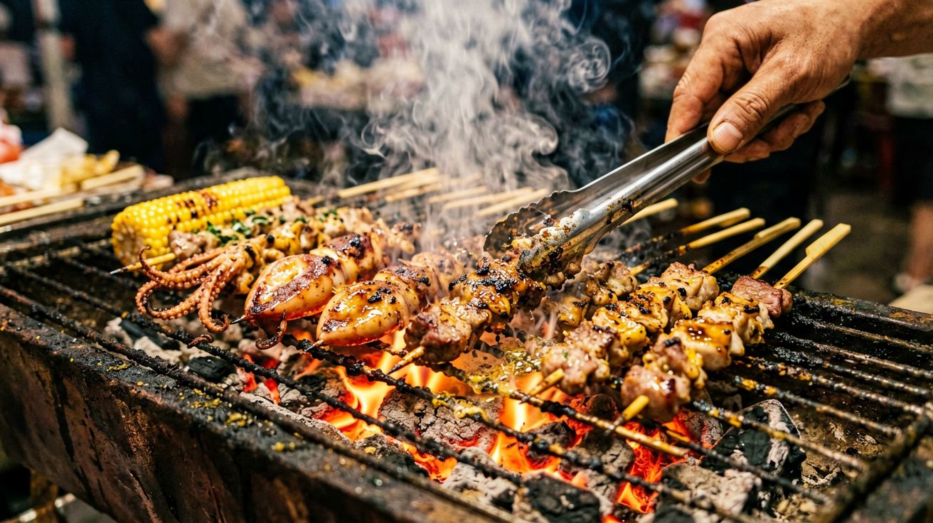 [比例:16:9] Tight close-up of street food at a Chinese night market, grilled lamb and squid skewers held by hands with char marks and cumin seasoning visible, another hand reaching for a folded jianbing crepe, golden crispy texture, warm orange glow from stall lights, steam rising from the grilled food, shallow depth of field, tightly cropped to show only the food and hands with no shop signs or banners visible