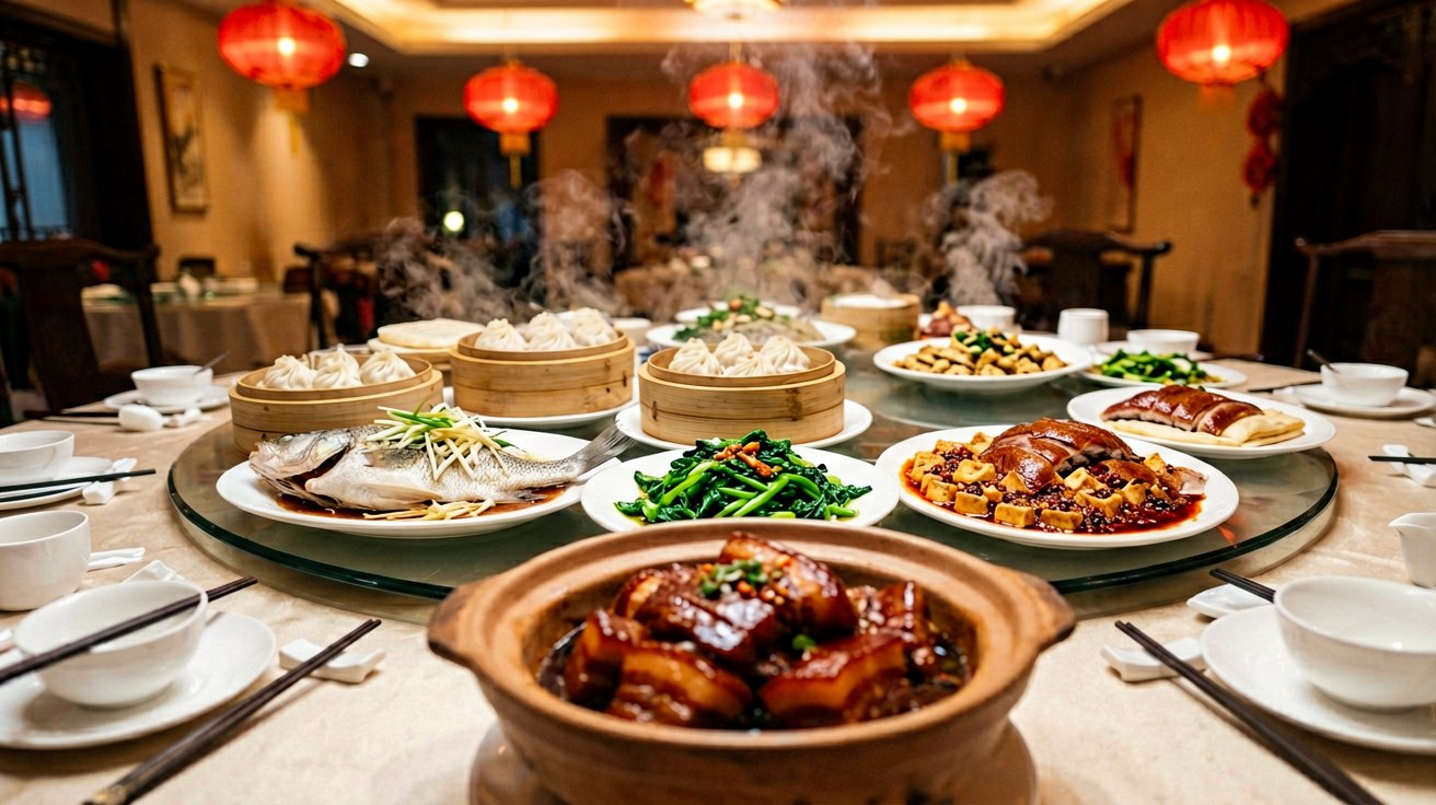 [比例:16:9] Low angle eye-level view of a full Chinese banquet table, foreground out-of-focus close-up of glistening red braised pork belly in a clay pot with rich caramelized sauce, middle ground shows a spread of multiple dishes including whole steamed fish and stir-fried greens, background shows red paper lanterns hanging in a warmly lit traditional restaurant, steam rising from the hot dishes creating atmospheric depth, golden and red tones, chopsticks and serving spoons visible, abundant feast atmosphere