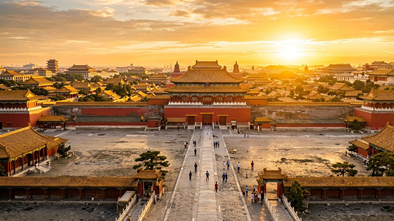 [比例:16:9] Wide panoramic view of the Forbidden City at sunrise with golden light hitting the red walls and yellow glazed roof tiles, the vast outer courtyard stretching toward the Hall of Supreme Harmony with only a handful of early-morning visitors