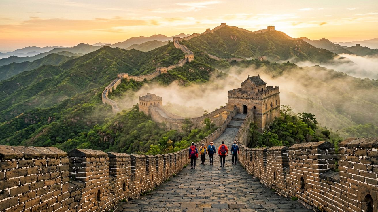 [比例:16:9] Early morning at the Mutianyu section of the Great Wall with green forested mountains stretching into the distance, a small group of hikers on the restored stone path, morning mist rolling over the ancient watchtowers in golden sunrise light