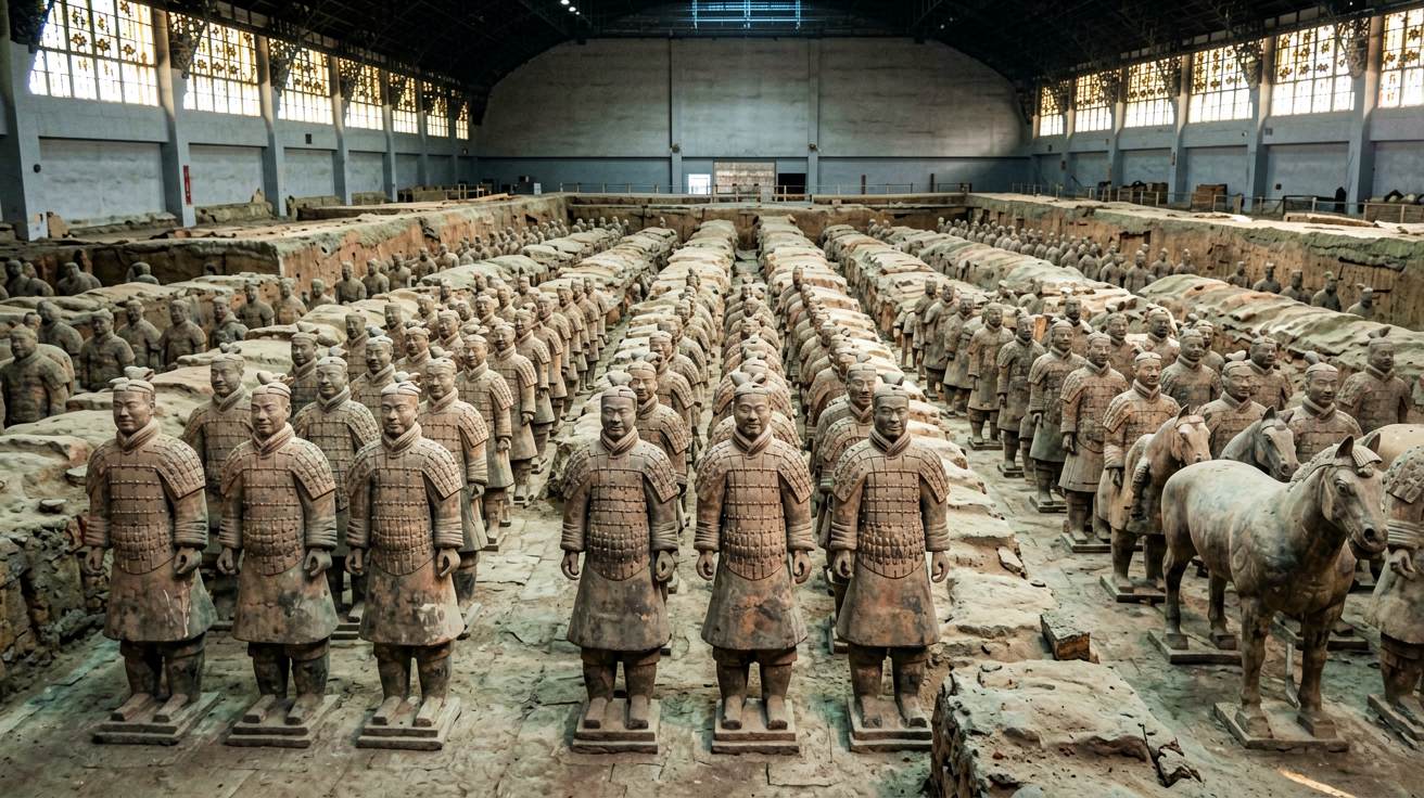 [比例:16:9] Rows of life-sized Terracotta Warriors standing in orderly formation inside excavation pit number one at the Emperor Qinshihuang Mausoleum Site Museum near Xi'an, dramatic side-lighting from the overhead windows of the archaeological hall illuminating the ancient clay soldiers and horses