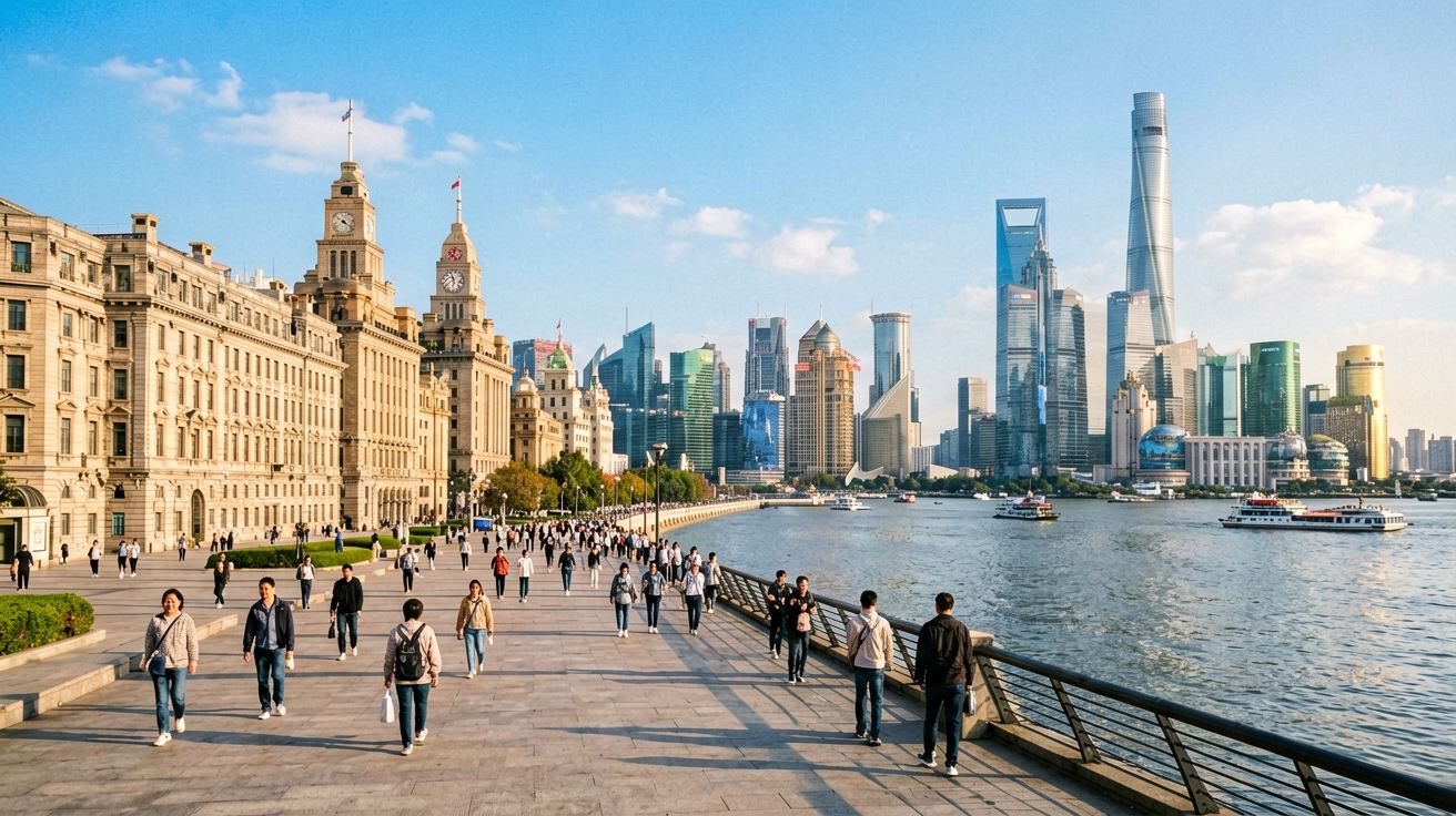 [比例:16:9] Twilight view of the Pudong skyline from the Bund promenade with the Oriental Pearl Tower and Lujiazui skyscrapers reflected in the Huangpu River, traditional sightseeing boats and modern ferries passing on the water, warm city lights beginning to glow against the deepening blue sky