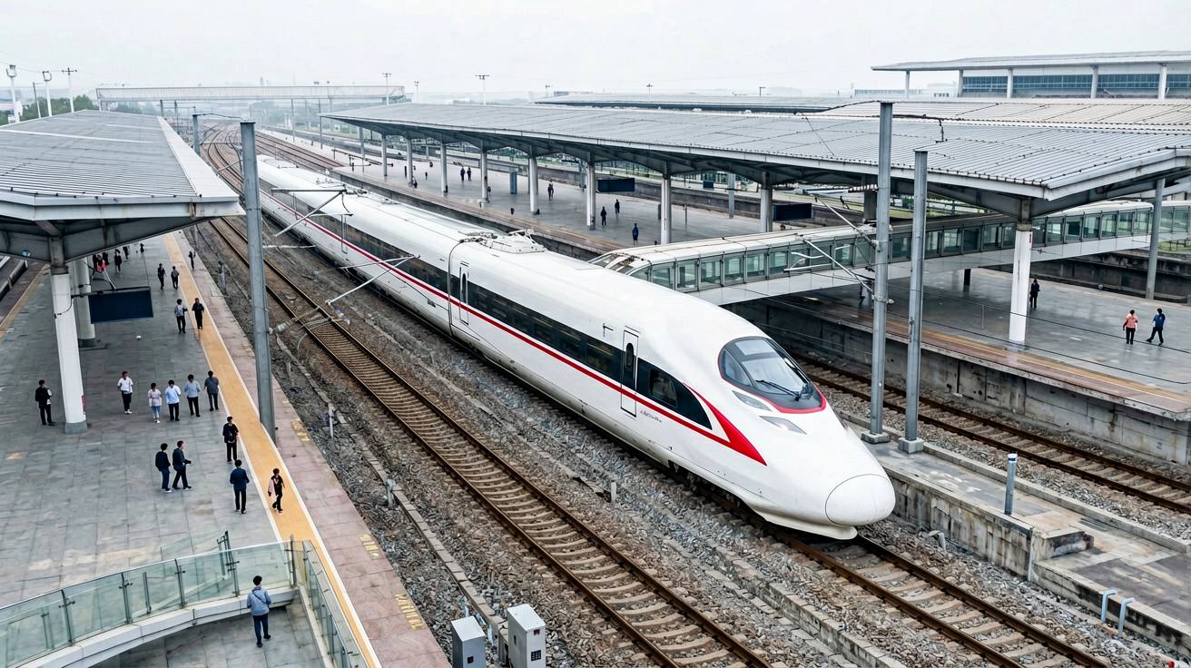 [比例:16:9] Elevated view from a pedestrian bridge looking down at a Chinese high-speed railway station, a white bullet train with red stripe is stopped at the platform far below, the train appears small from this height so no text or markings are visible on its clean white body, platform canopy and tracks create leading lines, miniature figures of passengers on the platform, clean modern station seen from above