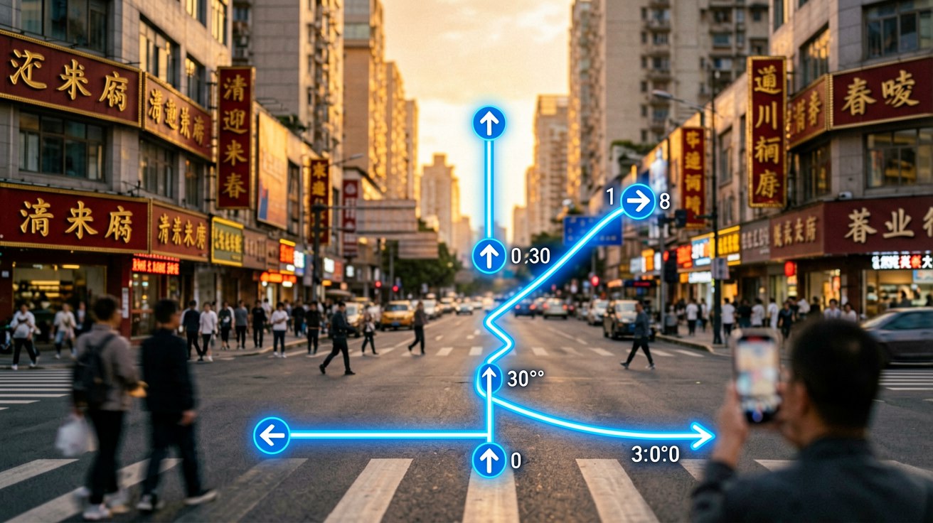 [比例:16:9] A traveler holding a smartphone showing a map app while standing at a busy Chinese city intersection, surrounded by shop signs in Chinese characters, street vendors, and pedestrians in a wide urban composition — real-world street navigation scene