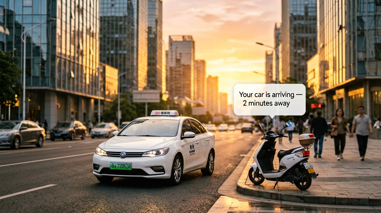 [比例:16:9] Modern Chinese city street at golden hour with a DiDi ride-hailing car pulling over to the curb, digital notification floating above showing 'Your car is arriving — 2 minutes away', tall glass buildings in background, cinematic depth of field