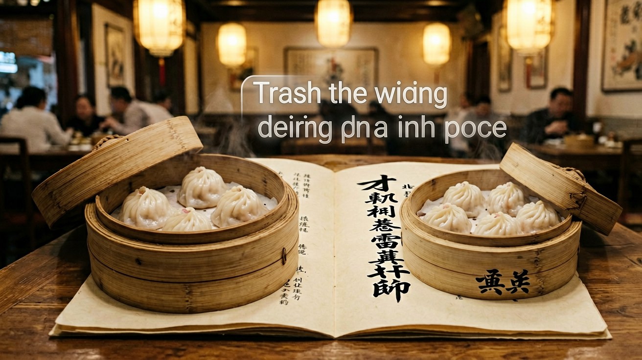 [比例:16:9] Traditional Chinese restaurant table with steaming dim sum dishes and an open printed Chinese menu, Baidu Translate camera overlay showing English text floating above Chinese characters, paper lanterns in background, cozy atmosphere