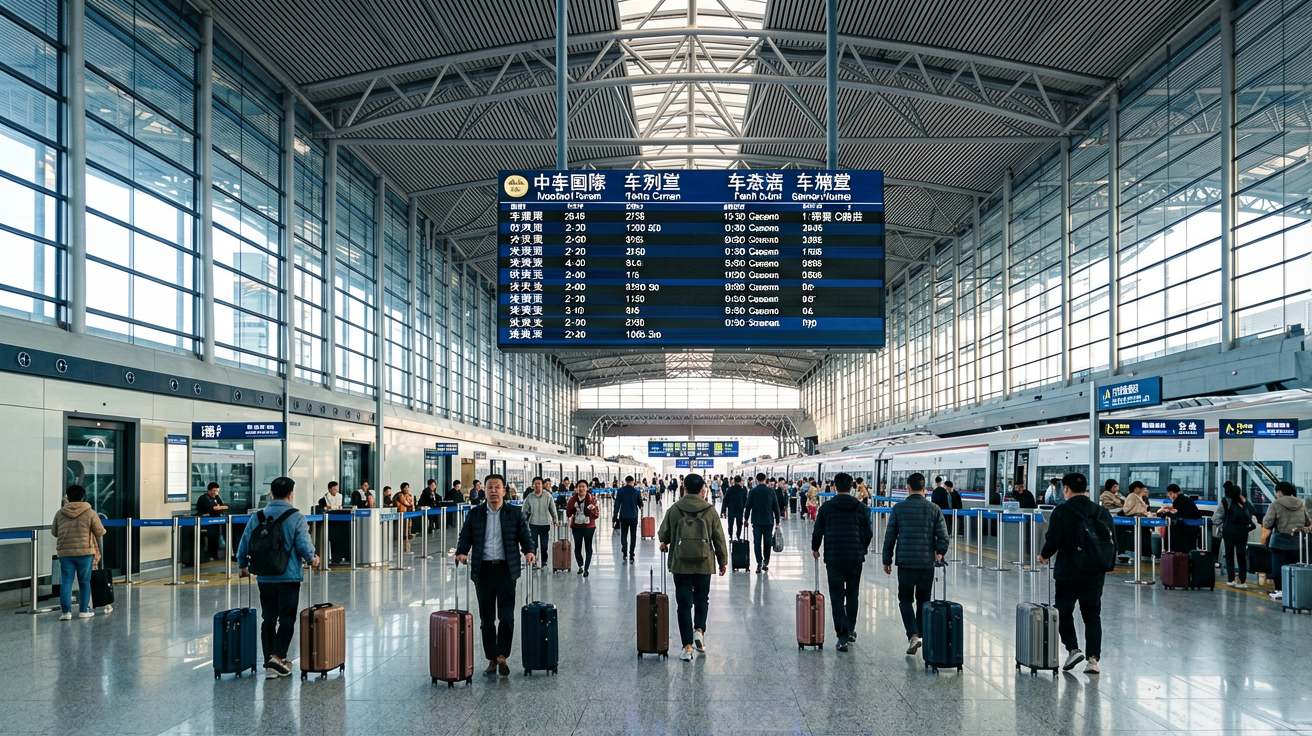 [比例:16:9] A traveler standing in the spacious departure hall of a modern Chinese high-speed railway station, phone in hand displaying a train booking confirmation, with large departure boards and the station's steel-and-glass architecture visible in the background — real-world train station scene