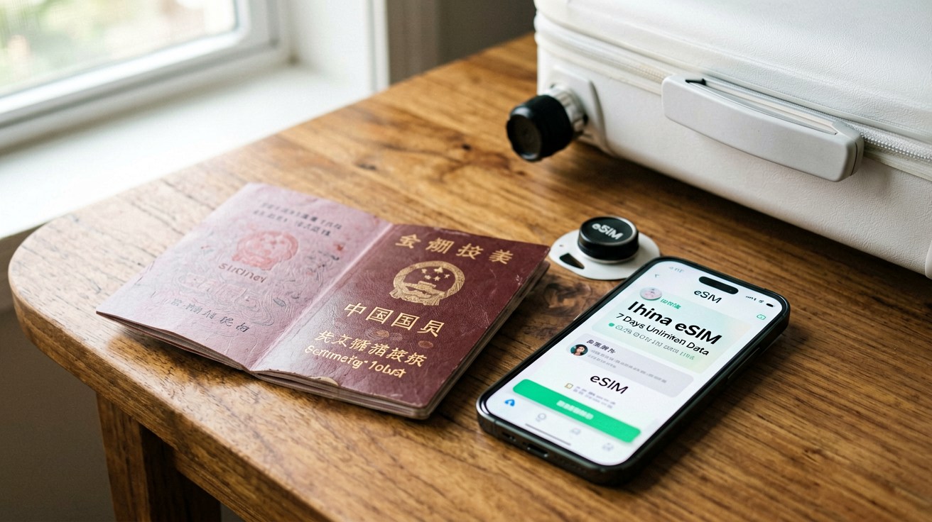 [比例:16:9] A traveler sitting at a desk or café table with a phone screen displaying an eSIM China plan activation page, with an open passport, a suitcase, and printed travel documents spread across the surface suggesting pre-trip preparation — real-world eSIM setup scene