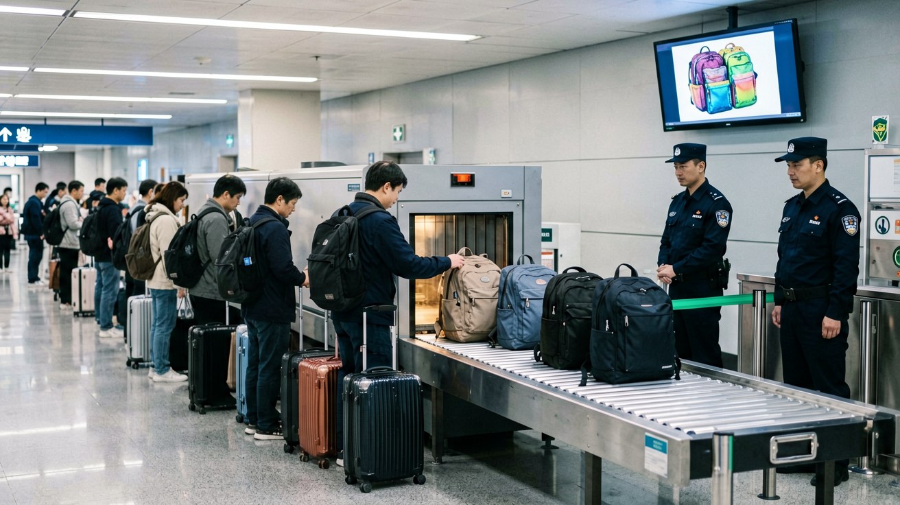 机场安检通道场景，一名旅客正在将随身行李放入安检托盘，X光传送带在工作，背景可见安检人员和中英文指示牌，标识清晰写明液体和充电宝的规定