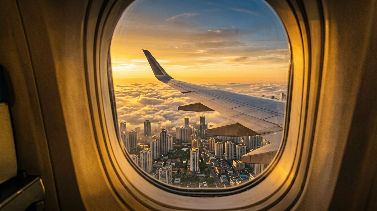 飞机舷窗视角，窗外是中国城市天际线在夕阳下的全景，机翼延伸入画面，金色暮光洒在云层和楼宇上，机舱内灯光柔和