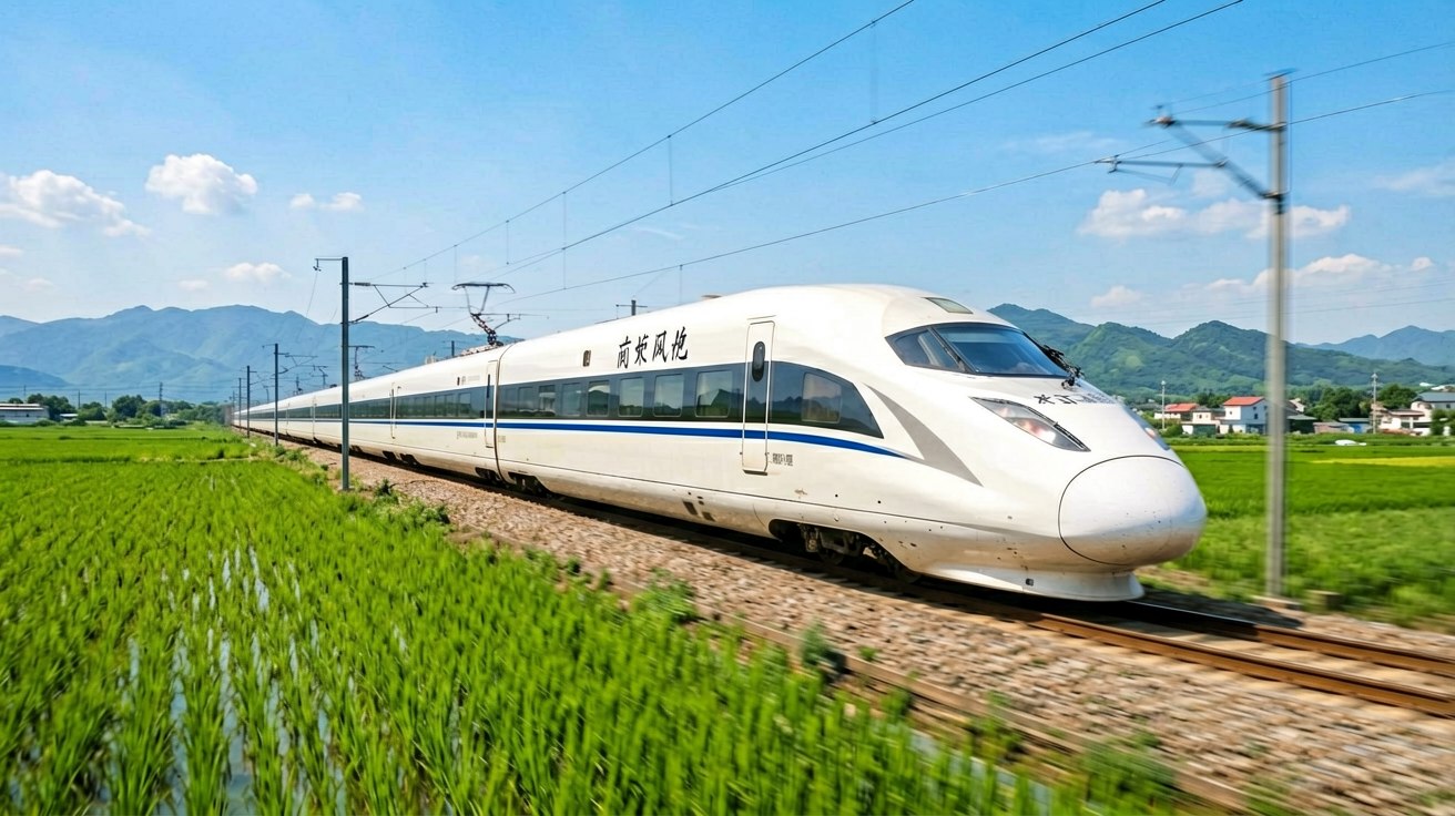 A modern white G-series high-speed train speeding through lush green countryside rice paddies with distant mountains under a clear blue sky, captured from a low-angle railway-side perspective