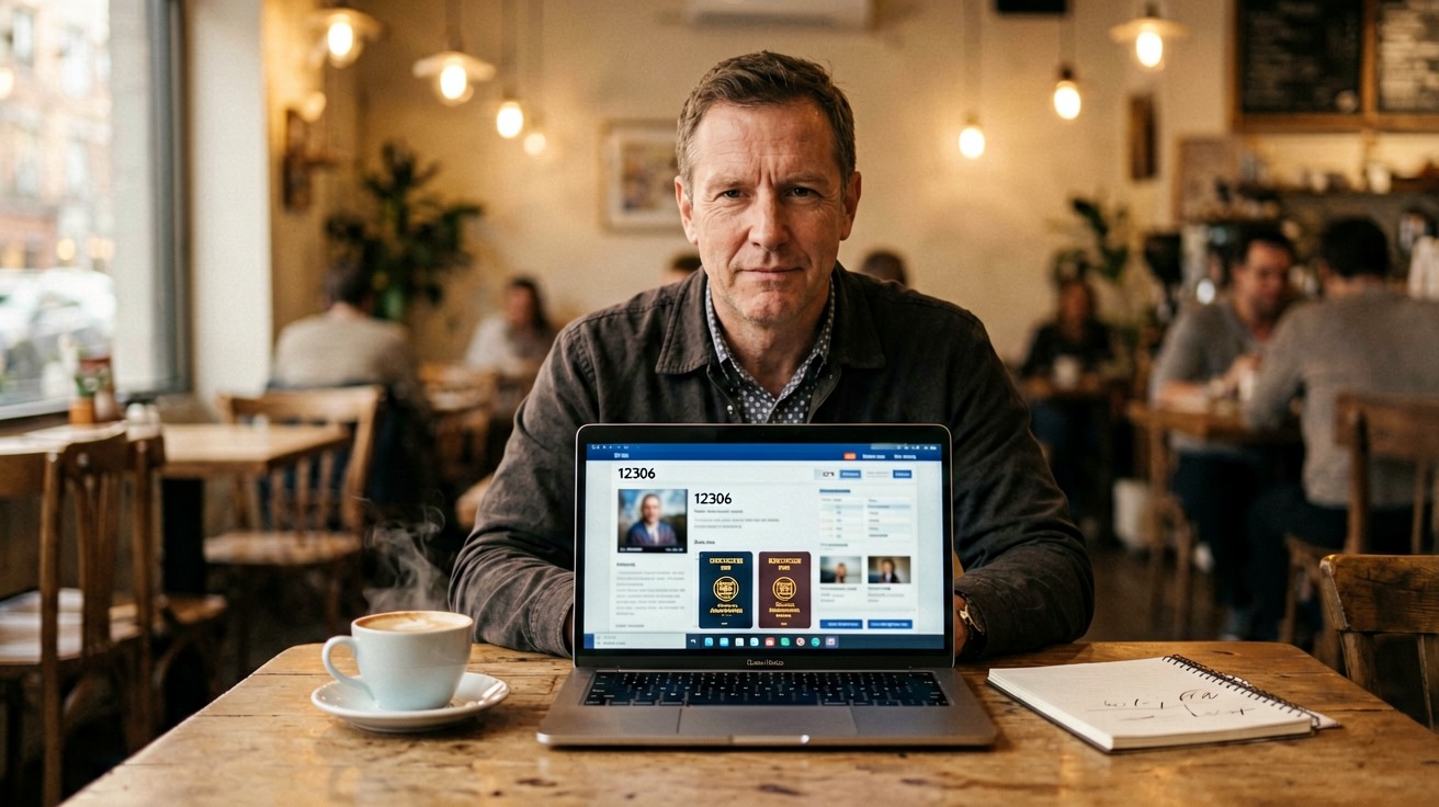 A foreign traveler seated at a wooden cafe table with a passport open beside a laptop displaying the 12306 English website, a cup of coffee and a notepad visible in the softly lit interior