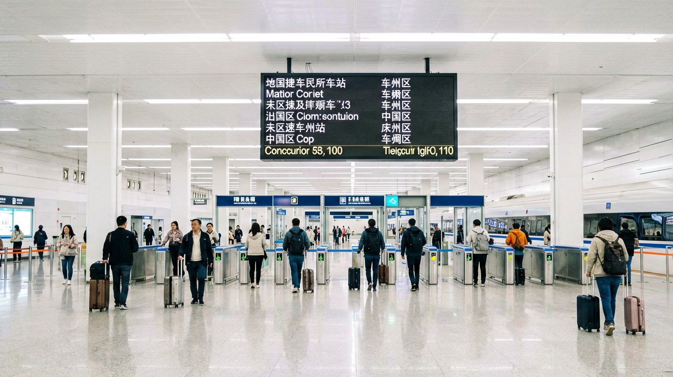 A spacious modern Chinese high-speed train station concourse with large digital departure boards in Chinese and English, travelers pulling luggage toward the security checkpoint under bright white ceiling lights