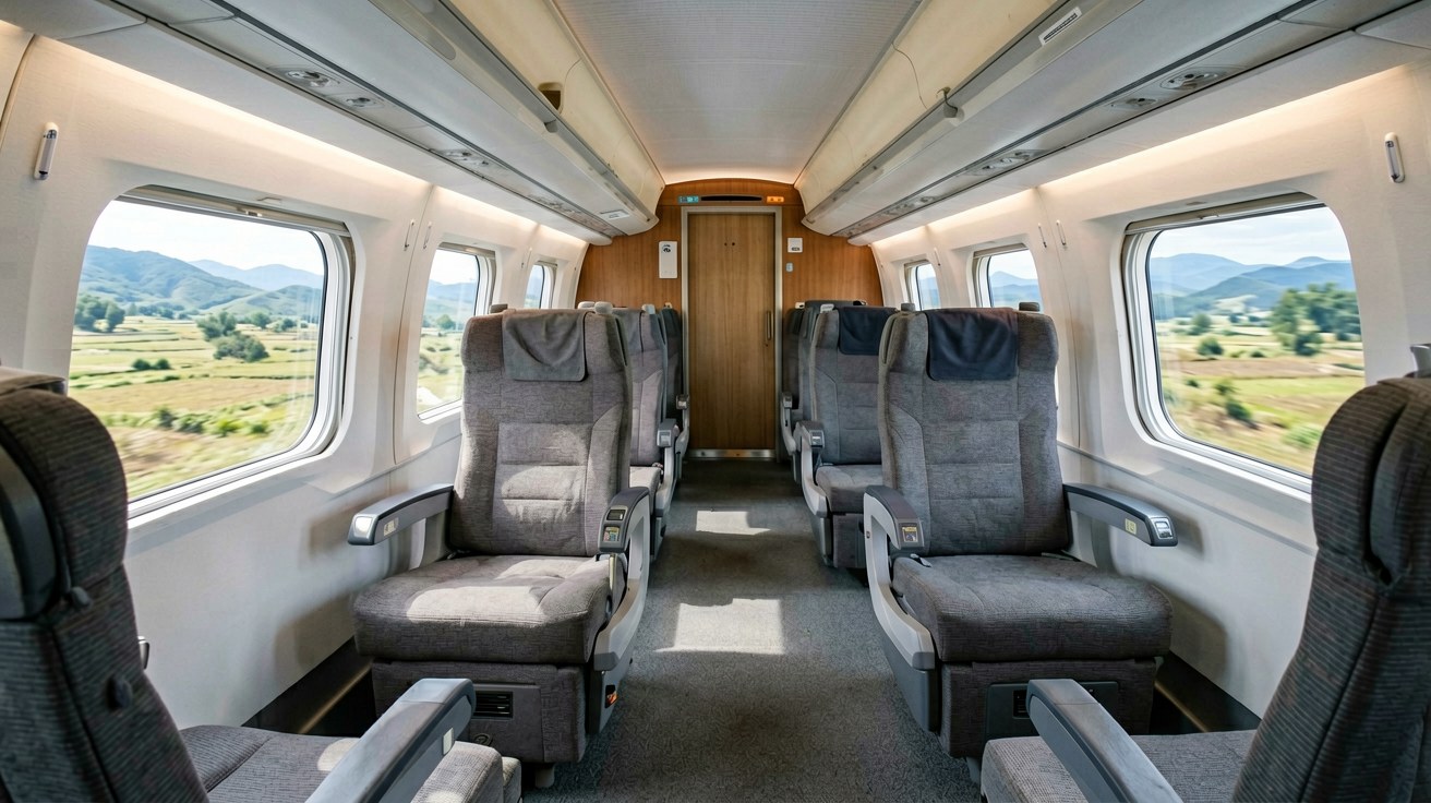 Interior of a Chinese high-speed train first-class carriage with wide blue upholstered seats in a two-plus-two layout, fold-down tray tables, overhead luggage racks holding suitcases, and passengers reading quietly by a large window showing the passing countryside
