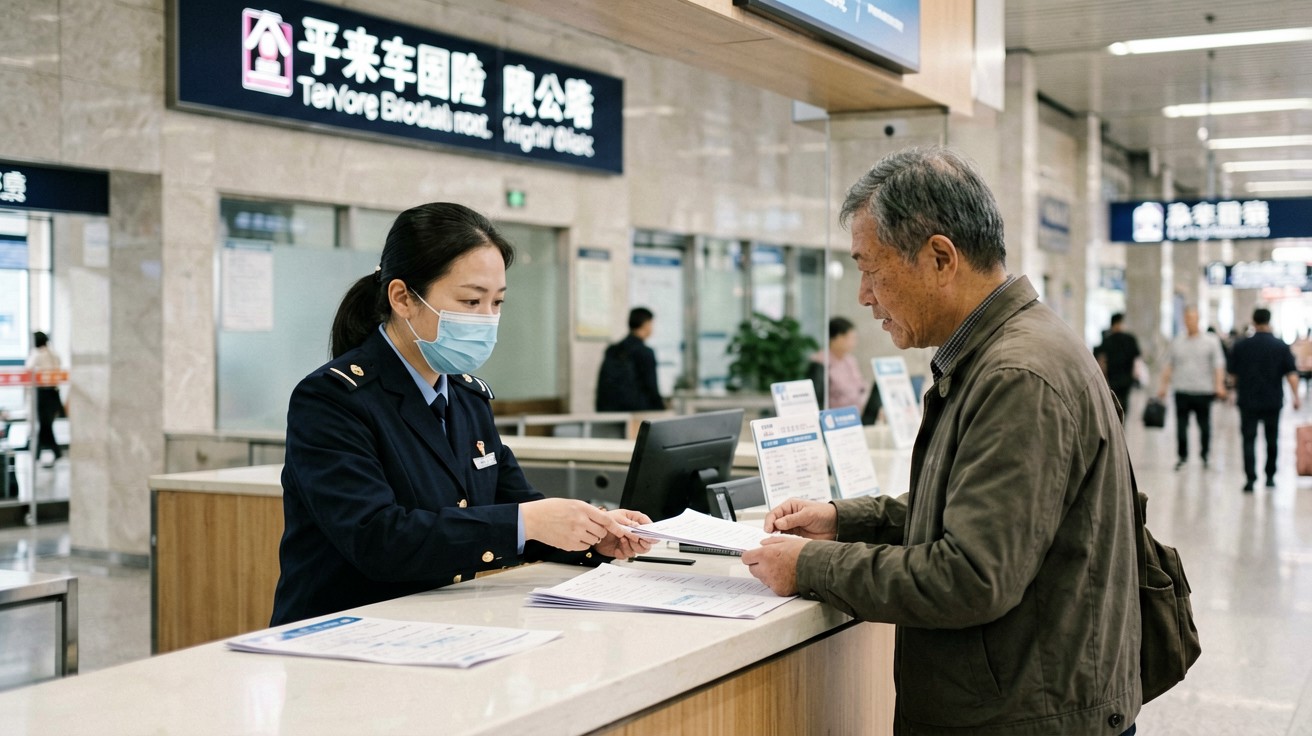 A ticket service counter at a Chinese train station with a staff member in uniform assisting a foreign traveler, bilingual Chinese-English signage visible on the wall behind the counter, travel documents on the counter surface