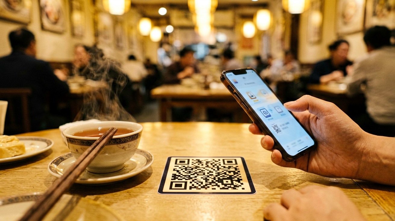 [比例:16:9] 中餐厅餐桌上贴着的点餐二维码特写，旁边放着碗筷和一杯热茶，背景可见餐厅暖色灯光和其他正在用餐的顾客，有人在用手机扫码