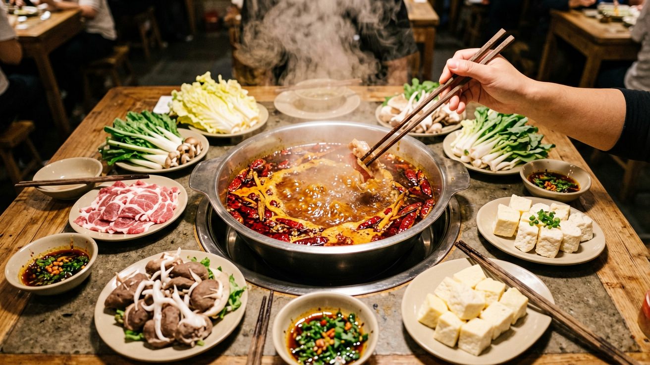 [比例:16:9] 火锅桌上红油锅底沸腾翻滚，蒸汽升腾，周围摆满各种配菜碟和碗筷，一只手正伸过来夹菜，餐厅暖色灯光