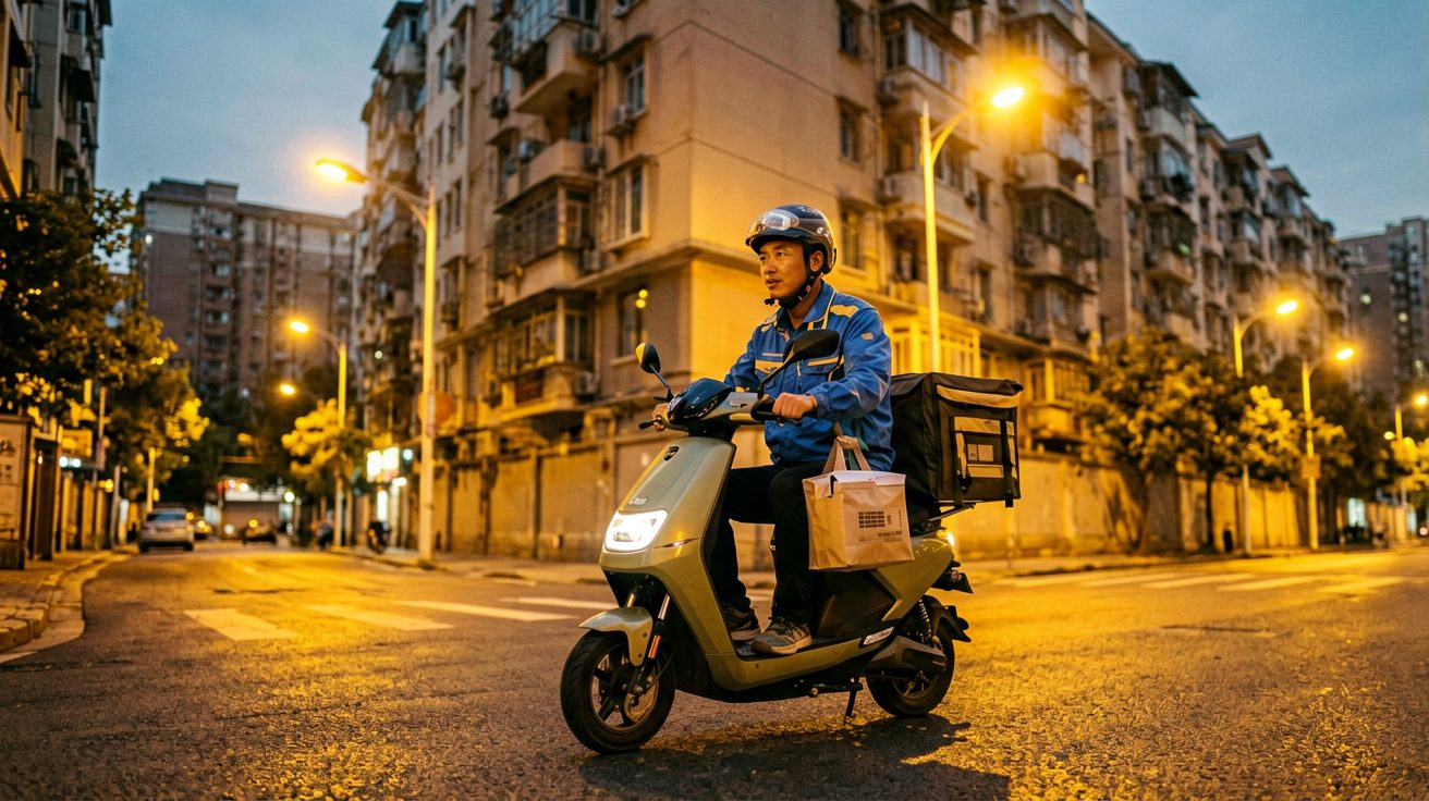[比例:16:9] 外卖骑手骑着电动自行车停在居民楼前，从保温箱中取出外卖袋，傍晚城市街景作为背景，暖黄色路灯已亮起